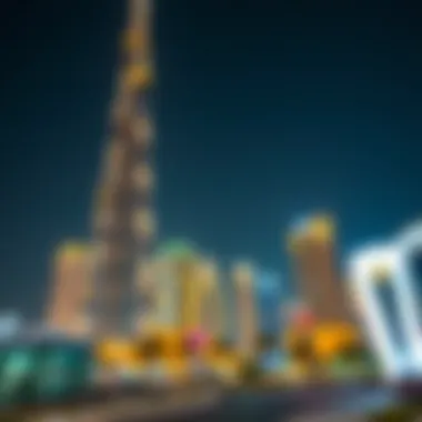 Night scene of Burj Khalifa illuminated in Downtown Dubai