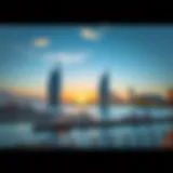A stunning view of the Dubai waterfront at sunset