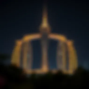 Night view of برجيل الشامخة illuminated, highlighting its innovative design
