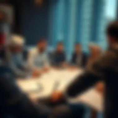 A diverse group of brokers discussing strategies over a map