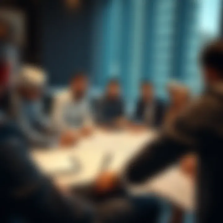 A diverse group of brokers discussing strategies over a map